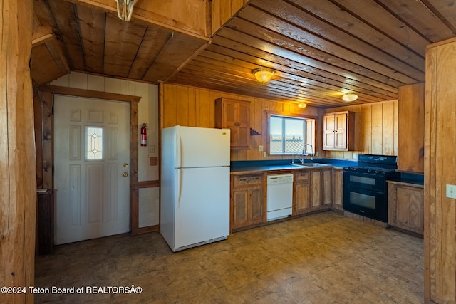 kitchen with wooden walls, sink, white appliances, and wooden ceiling