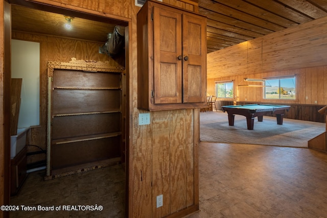 playroom with wood ceiling, vaulted ceiling, billiards, and wooden walls