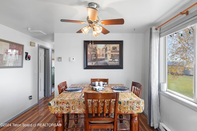 dining area with ceiling fan, a baseboard heating unit, dark hardwood / wood-style flooring, and a healthy amount of sunlight