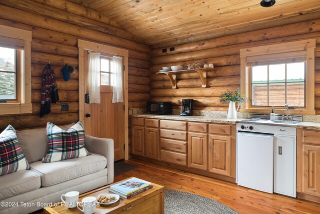 kitchen with a healthy amount of sunlight, lofted ceiling, dishwasher, and light wood-type flooring