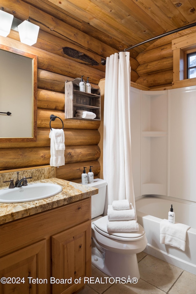 full bathroom with wood ceiling, toilet, shower / bath combination with curtain, log walls, and vanity