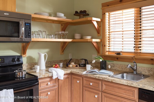 kitchen with dishwashing machine, light stone countertops, black / electric stove, and sink