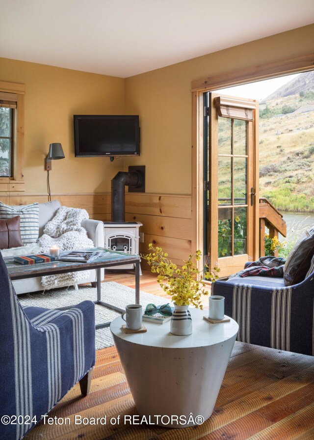 living room featuring a wood stove