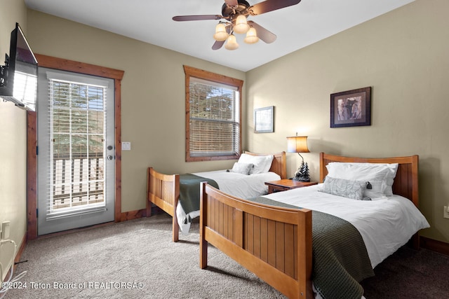 carpeted bedroom featuring access to outside and ceiling fan