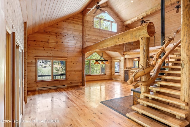 interior space featuring hardwood / wood-style floors, ceiling fan, wooden ceiling, beamed ceiling, and baseboard heating