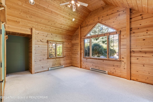 unfurnished bedroom featuring wooden walls, a baseboard heating unit, wood ceiling, and carpet