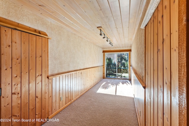 hallway with carpet, wood ceiling, rail lighting, and wood walls