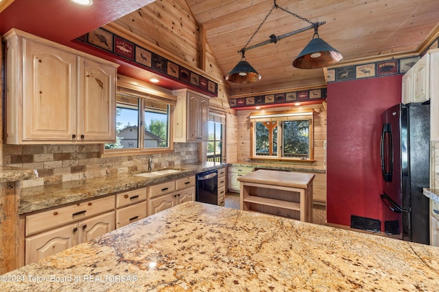 kitchen featuring wood ceiling, vaulted ceiling, black appliances, pendant lighting, and sink