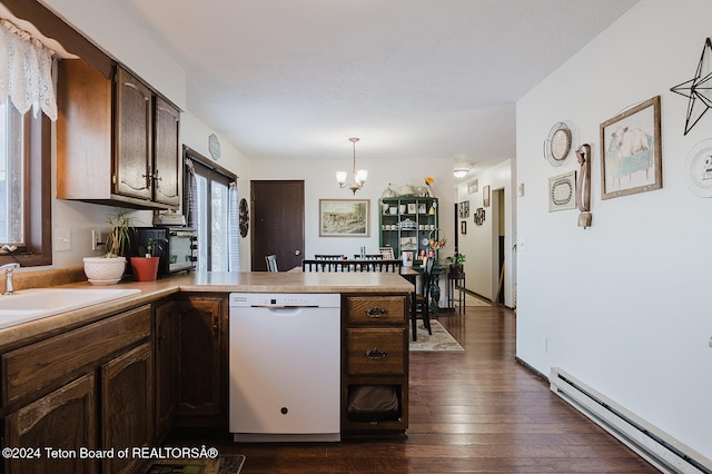 kitchen featuring kitchen peninsula, a baseboard heating unit, dishwasher, dark wood-type flooring, and pendant lighting