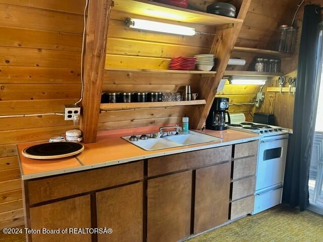 kitchen with sink, wood walls, and white range oven