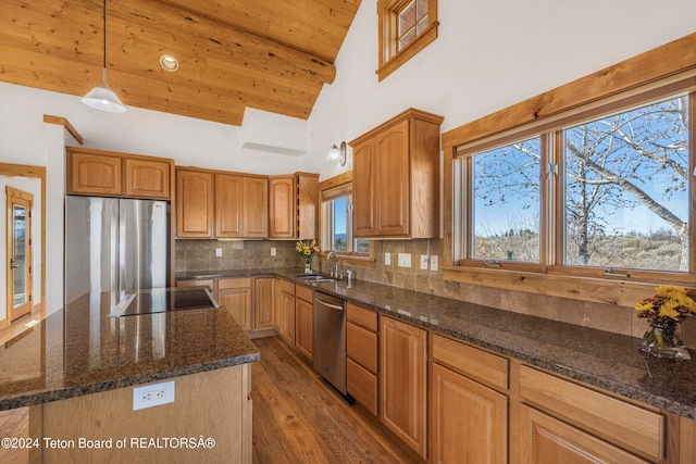 kitchen with hanging light fixtures, dark hardwood / wood-style flooring, stainless steel appliances, sink, and a center island