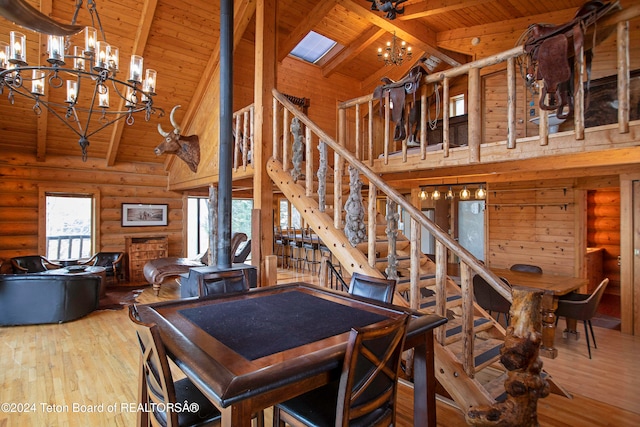 dining room with a wood stove, wood-type flooring, beam ceiling, and wood ceiling