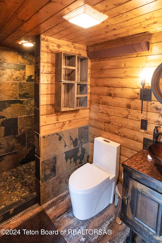 bathroom featuring hardwood / wood-style floors, vanity, toilet, and wood ceiling