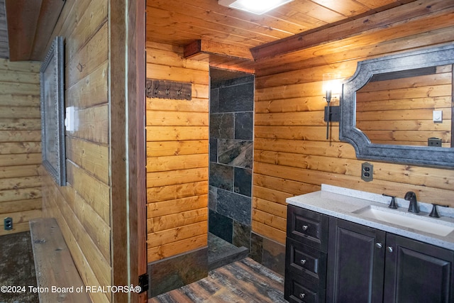 bathroom with wood walls, vanity, and wood ceiling