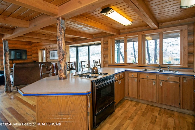 kitchen with log walls, black gas stove, wooden ceiling, and light hardwood / wood-style flooring