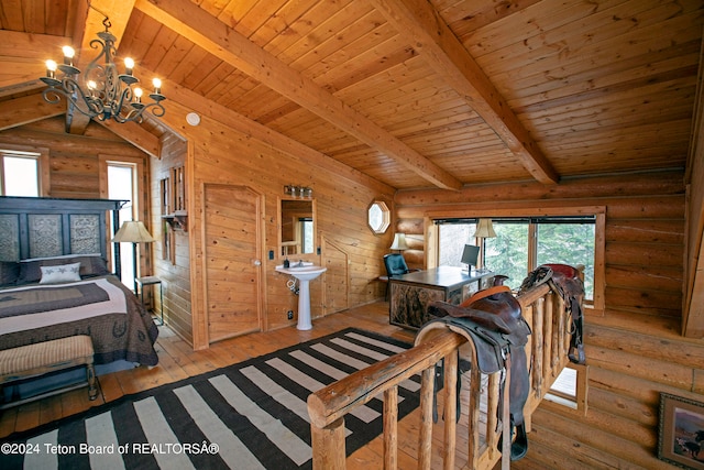 bedroom with rustic walls, light wood-type flooring, a chandelier, and wooden ceiling