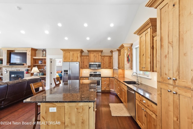 kitchen featuring appliances with stainless steel finishes, a kitchen breakfast bar, a kitchen island, dark wood-type flooring, and vaulted ceiling