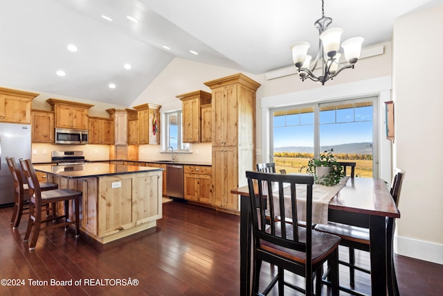 kitchen with lofted ceiling, a center island, dark hardwood / wood-style floors, appliances with stainless steel finishes, and decorative light fixtures