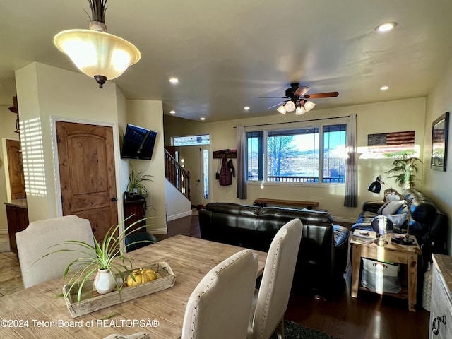 8 S Kicking Bird Rd, Pinedale, WY 82941 - dining room with a ceiling fan, stairs, and recessed lighting