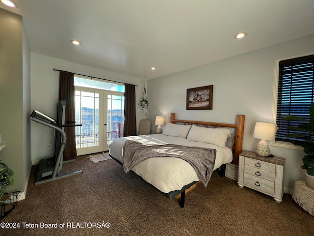 bedroom with french doors, access to exterior, and dark carpet