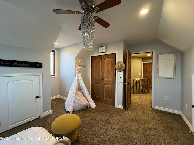 8 S Kicking Bird Rd, Pinedale, WY 82941 - rec room featuring lofted ceiling, a ceiling fan, carpet floors, and recessed lighting