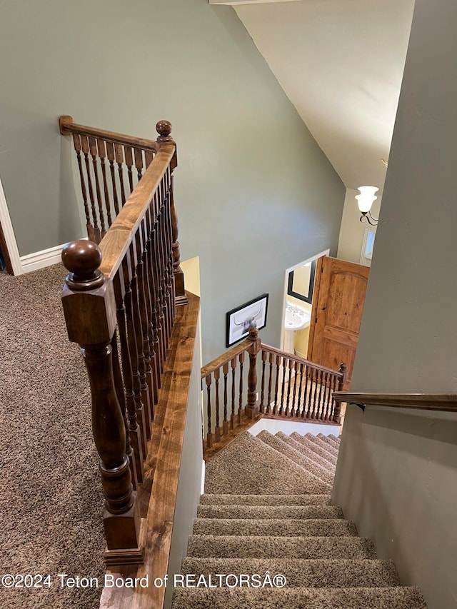 stairs featuring high vaulted ceiling and carpet flooring