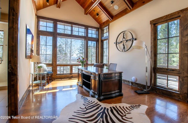 home office with high vaulted ceiling, wood-type flooring, beamed ceiling, and wood ceiling