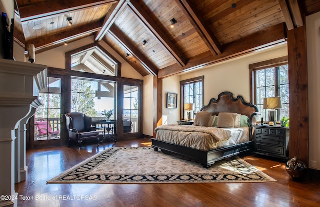 bedroom featuring dark hardwood / wood-style flooring, beamed ceiling, multiple windows, and wood ceiling