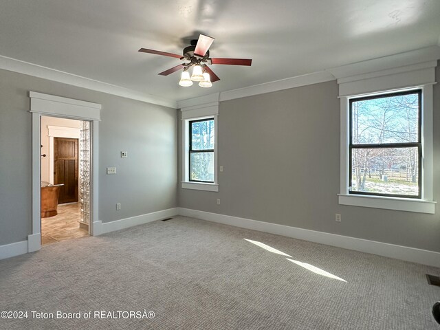 carpeted spare room with ceiling fan and ornamental molding