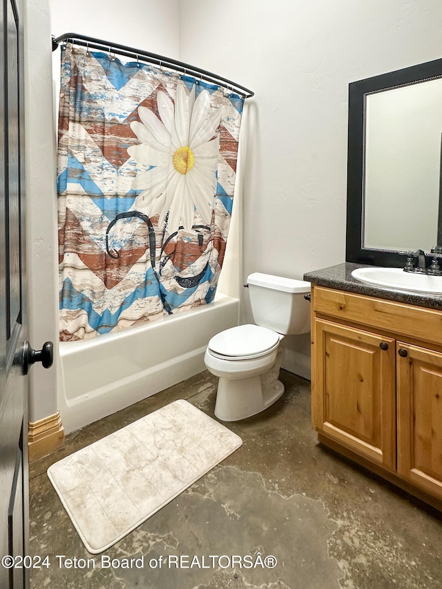 full bathroom with concrete flooring, vanity, toilet, and shower / bath combo with shower curtain