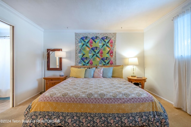 carpeted bedroom with crown molding