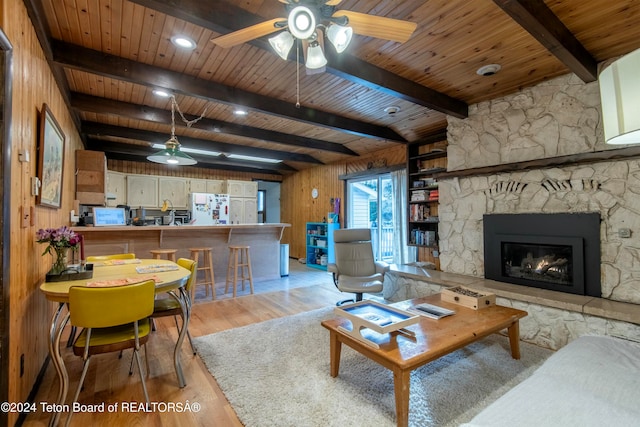 living room featuring beam ceiling, light hardwood / wood-style flooring, wooden walls, a fireplace, and wood ceiling