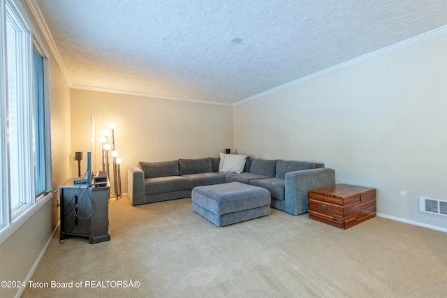 living room featuring light colored carpet, ornamental molding, and a textured ceiling