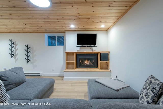 living room with wood ceiling, light hardwood / wood-style flooring, and a baseboard radiator