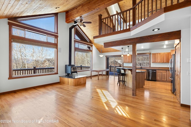 living room with a wood stove, high vaulted ceiling, ceiling fan, light wood-type flooring, and wood ceiling