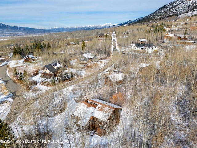 snowy aerial view featuring a mountain view