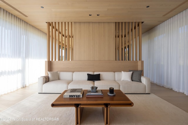 living room with wooden ceiling