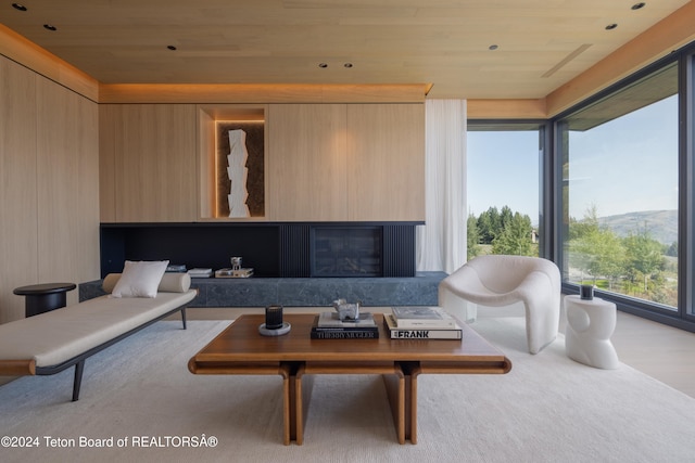 living room featuring a mountain view and wooden ceiling