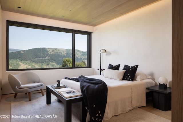 bedroom featuring a mountain view and wooden ceiling