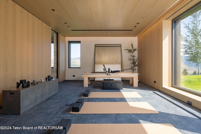 office area featuring wooden ceiling and wood walls