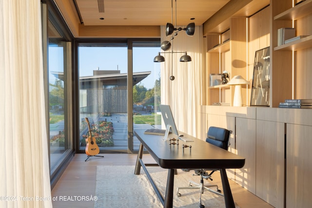 office area with light hardwood / wood-style flooring and wood ceiling