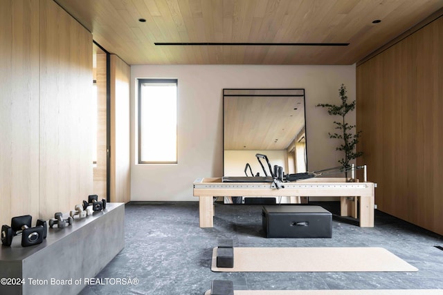 interior space with wood ceiling and wooden walls