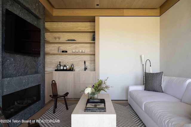 living room featuring built in features and a fireplace