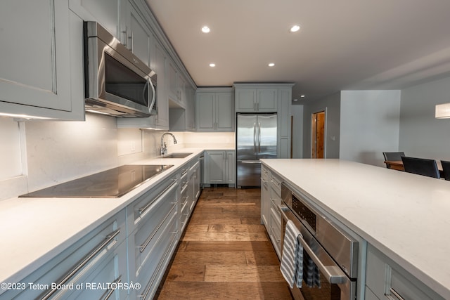 kitchen with gray cabinetry, dark hardwood / wood-style flooring, sink, and appliances with stainless steel finishes