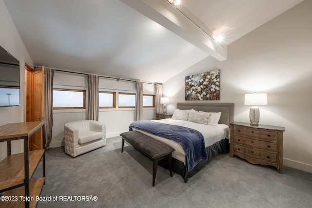 bedroom with light carpet and vaulted ceiling