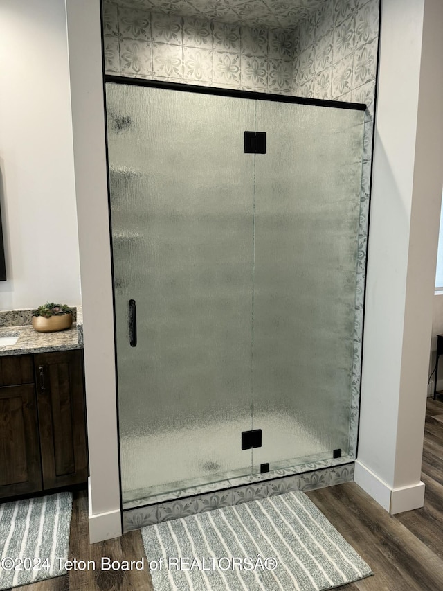 bathroom featuring wood-type flooring, vanity, and walk in shower