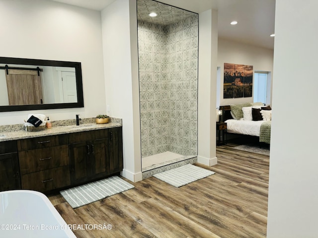 bathroom with hardwood / wood-style floors, vanity, and a shower