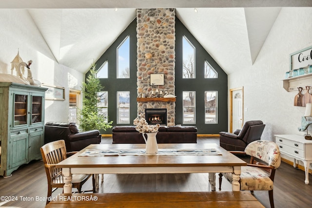 living room with a fireplace, high vaulted ceiling, and hardwood / wood-style flooring