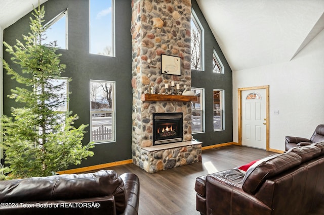 living room with a stone fireplace, dark hardwood / wood-style flooring, and a wealth of natural light