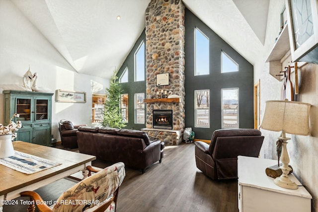 living room with a stone fireplace, high vaulted ceiling, and dark wood-type flooring